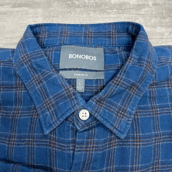 Bonobos Navy, Brown & Tan Plaid Flannel Shirt L - Picture 2 of 3